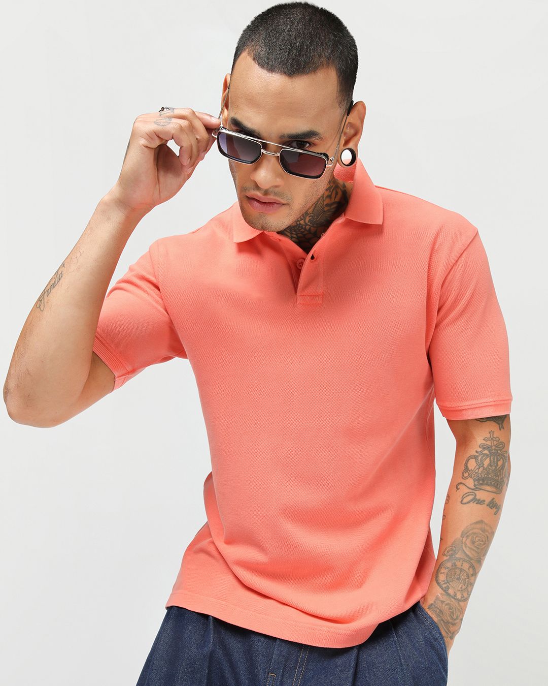Men's Coral Orange Acid Wash Polo T-shirt