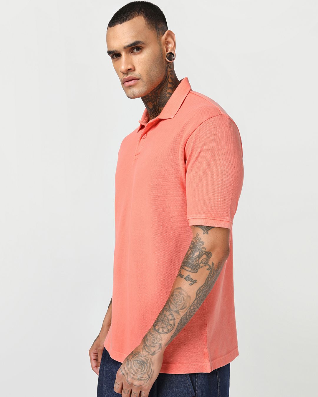 Men's Coral Orange Acid Wash Polo T-shirt - Image 5