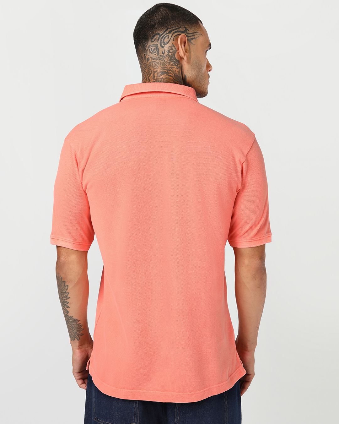 Men's Coral Orange Acid Wash Polo T-shirt - Image 4