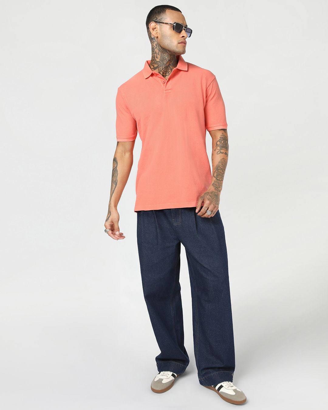 Men's Coral Orange Acid Wash Polo T-shirt - Image 3