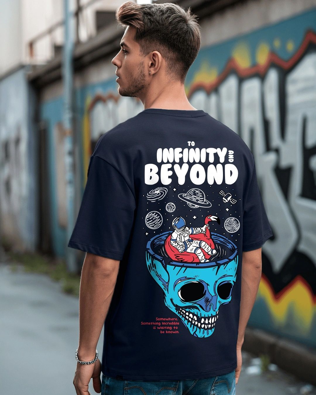 Men's Blue Infinity Space Graphic Printed Oversized T-shirt