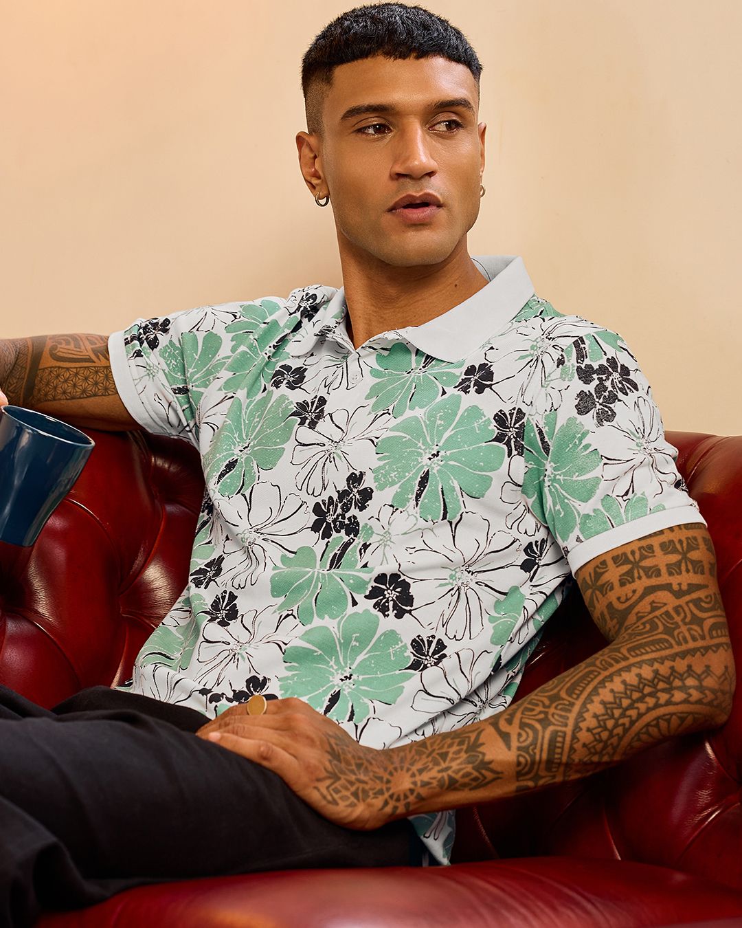 Men's White & Green All Over Printed Polo T-shirt - Image 5
