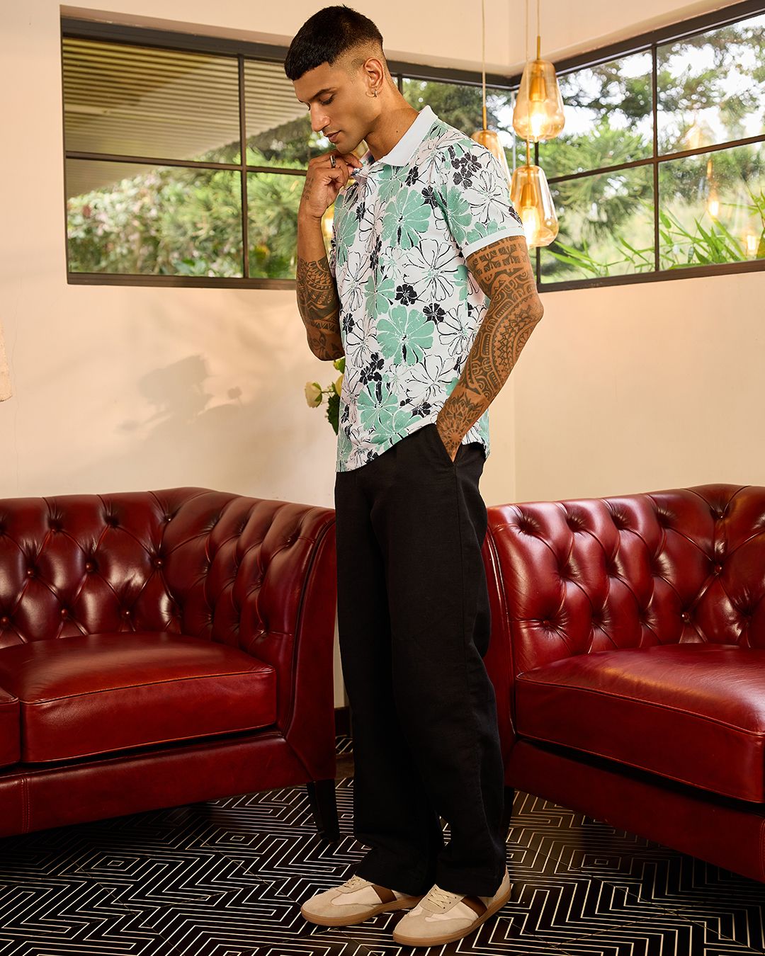 Men's White & Green All Over Printed Polo T-shirt - Image 3