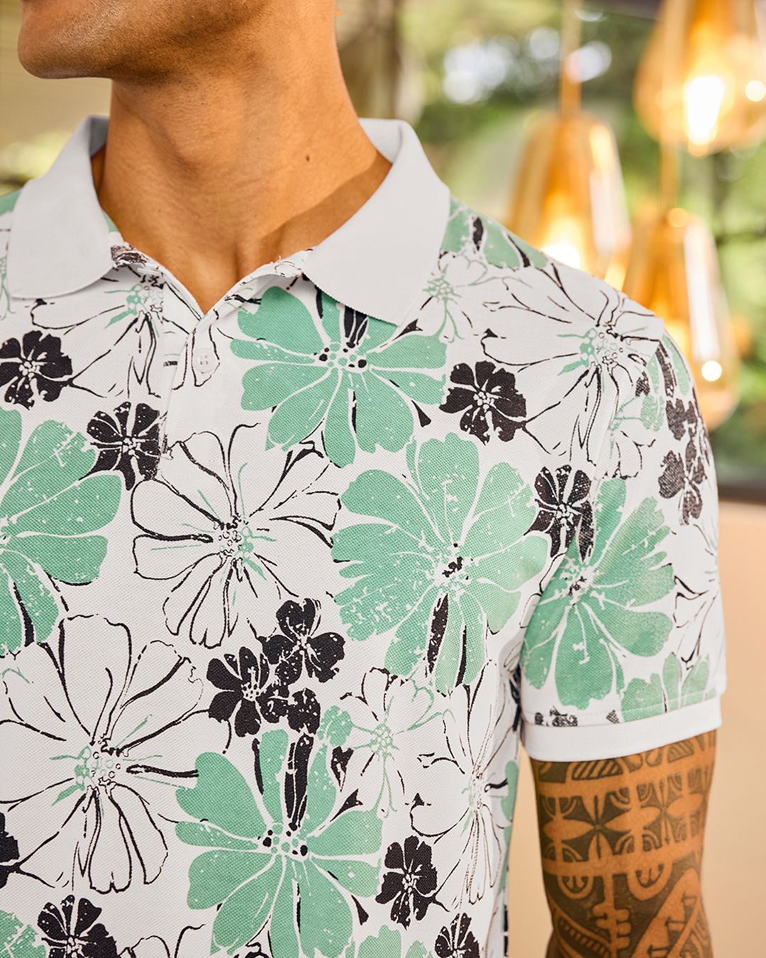 Men's White & Green All Over Printed Polo T-shirt - Image 2