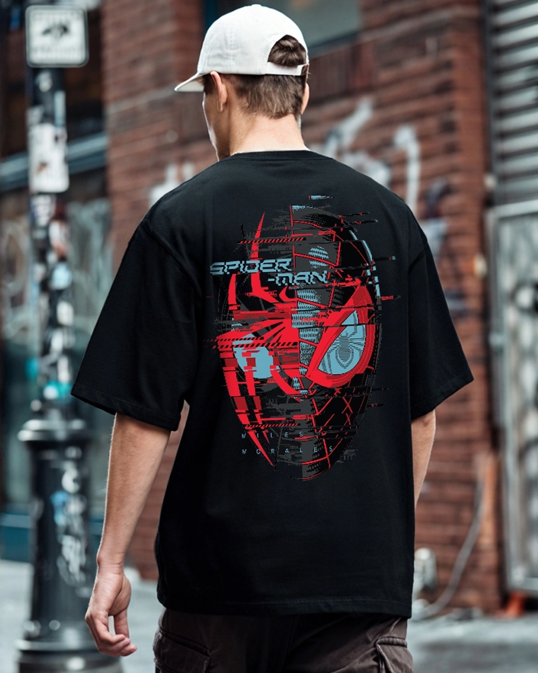 Men's Black Across The Spiderverse Graphic Printed Oversized T-shirt