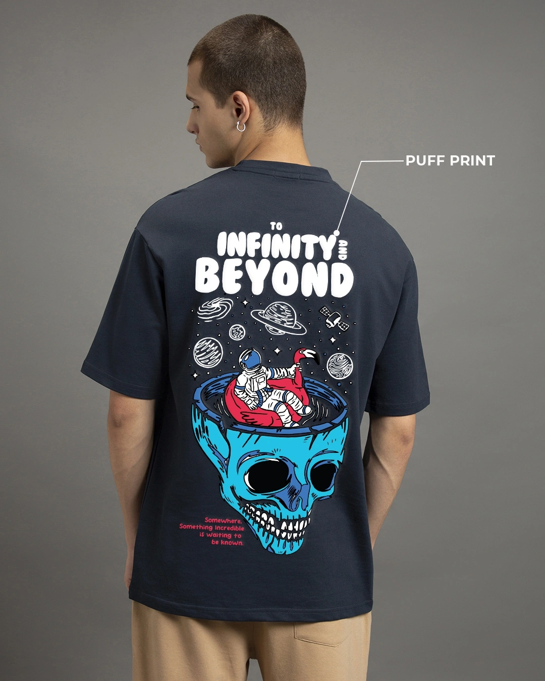Men's Blue Infinity Space Graphic Printed Oversized T-shirt - Image 3