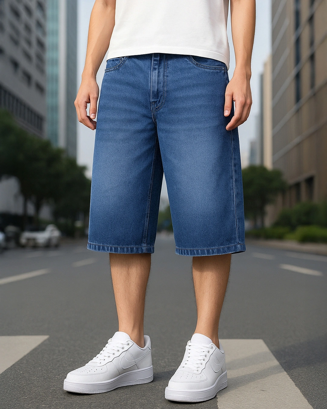 Men's Blue Washed Baggy Fit Shorts
