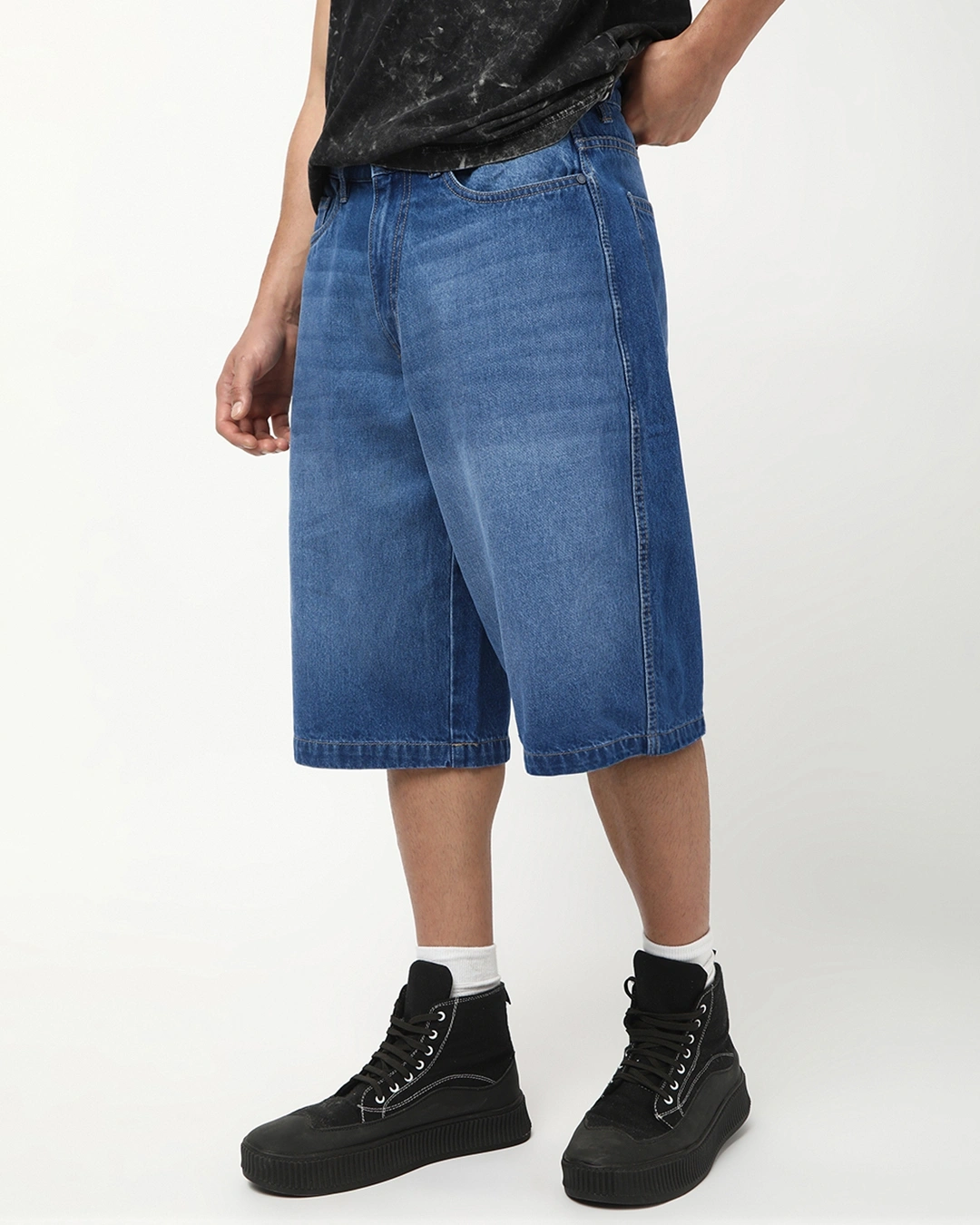 Men's Blue Washed Baggy Fit Shorts - Image 6