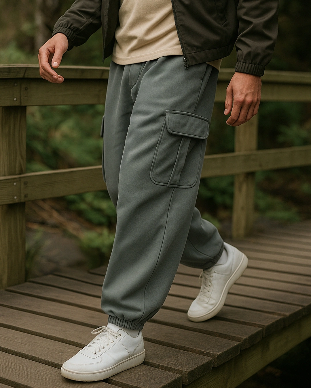 Men's Charcoal Grey Oversized Brushed Cargo Joggers