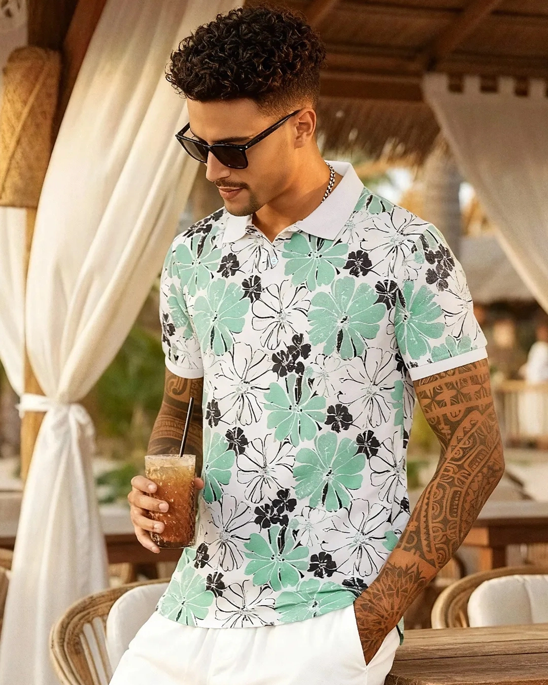Men's White & Green All Over Printed Polo T-shirt