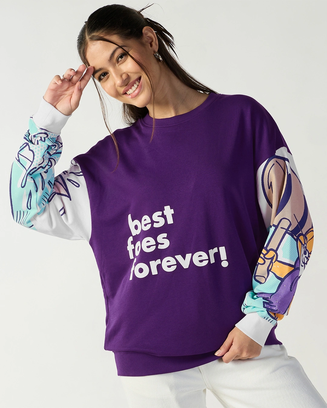 Women's Purple Tom & Jerry Graphic Printed Oversized Sweatshirt - Image 5