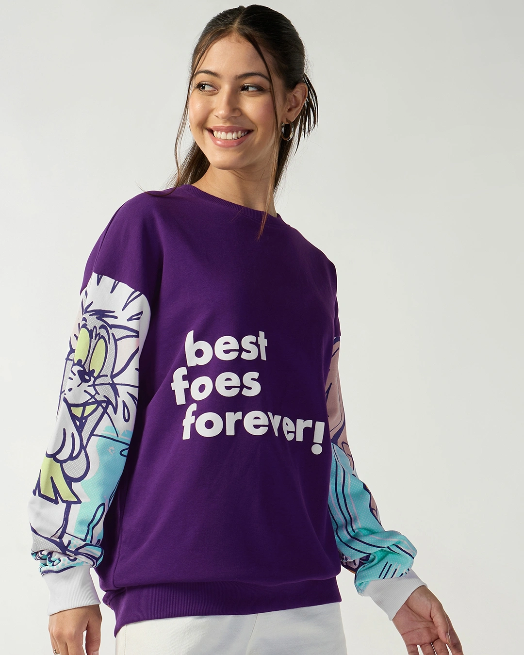 Women's Purple Tom & Jerry Graphic Printed Oversized Sweatshirt - Image 3
