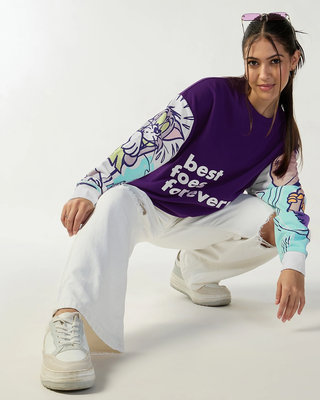 Women's Purple Tom & Jerry Graphic Printed Oversized Sweatshirt - Image 2